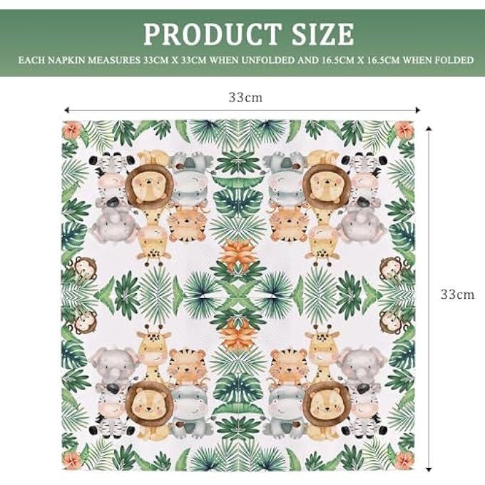 PACK OF 40 NAPKINS FOR CHILDREN'S BIRTHDAY, JUNGLE PARTY MOTIF, ANIMALS, LEAVES, GREEN FOR FOREST ANIMALS, BIRTHDAY AND NAPKINS ANIMALS, 33 X 33 CM, BOYS TABLE DECORATION, PARTY DECORATION - Image 3